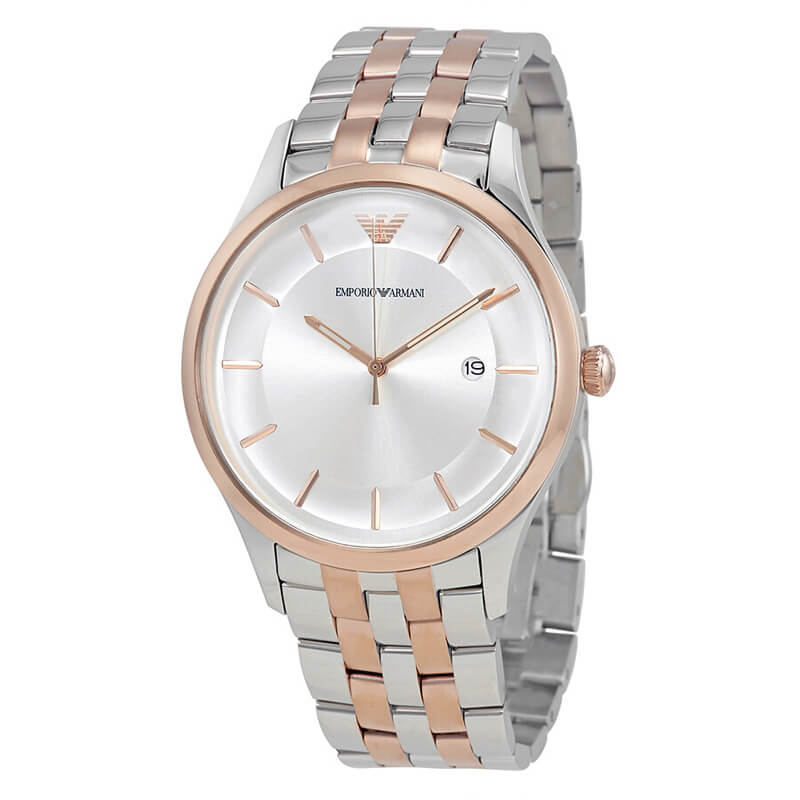 Emporio Armani AR11044 men's quartz watch with silver dial and two-tone stainless steel bracelet
