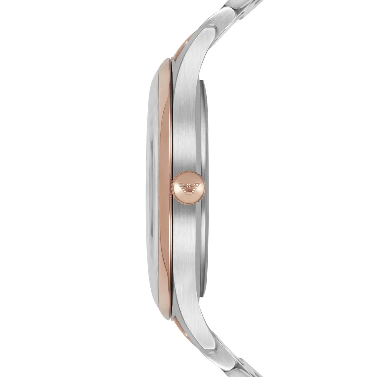 Side profile of Emporio Armani AR11044 showing case thickness and two-tone metal construction