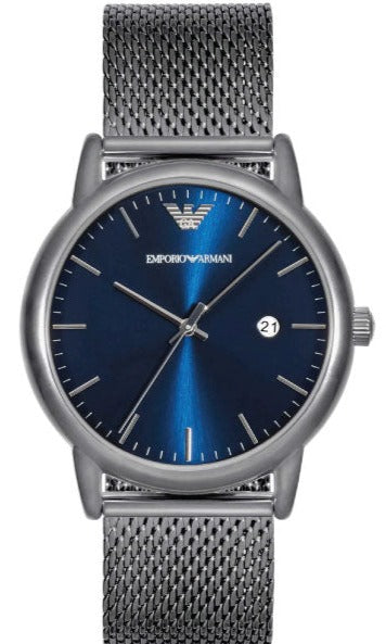 Emporio Armani AR11053 men's watch with gunmetal stainless steel mesh band and blue dial