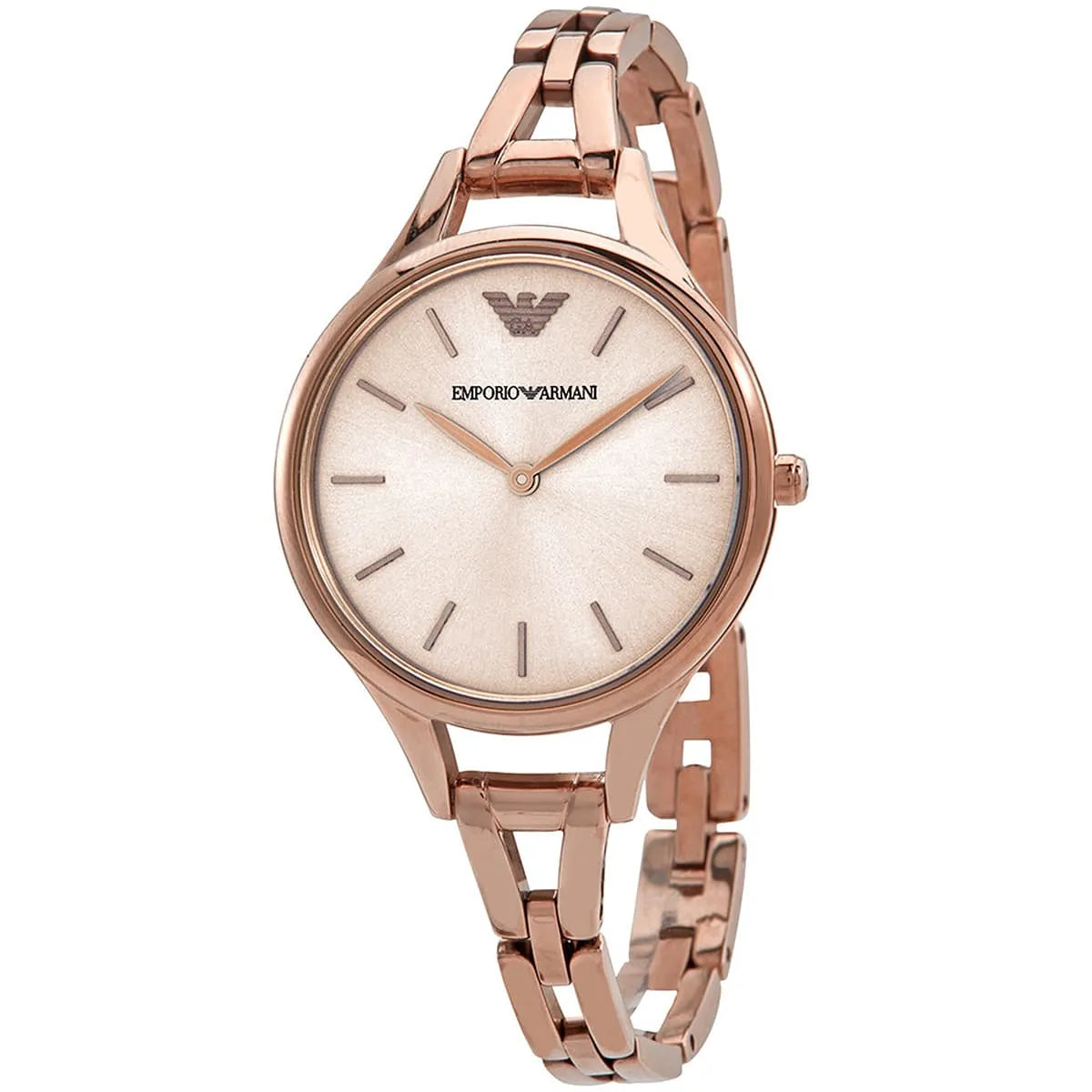 Emporio Armani AR11055 rose gold women's watch at angle showing bracelet