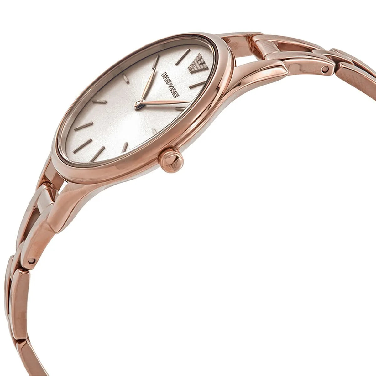Side view of Emporio Armani AR11055 women's rose gold watch