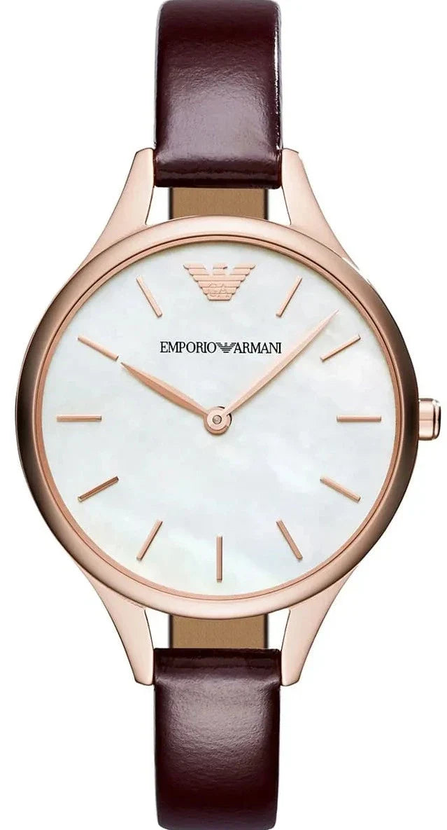 Emporio Armani AR11057 women's watch with white dial, rose gold case, and brown leather strap
