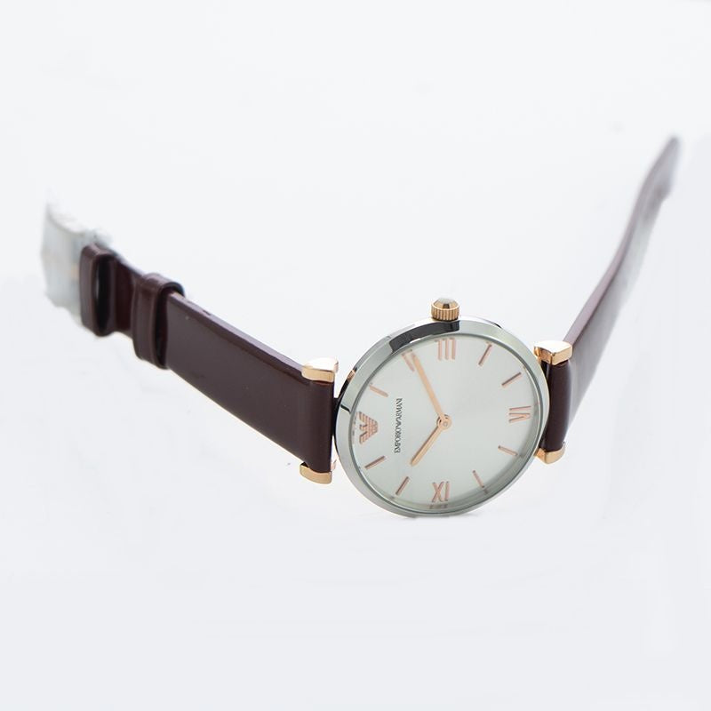 Emporio Armani Luigi AR11061 watch angled view showing leather strap and dial with Roman numerals