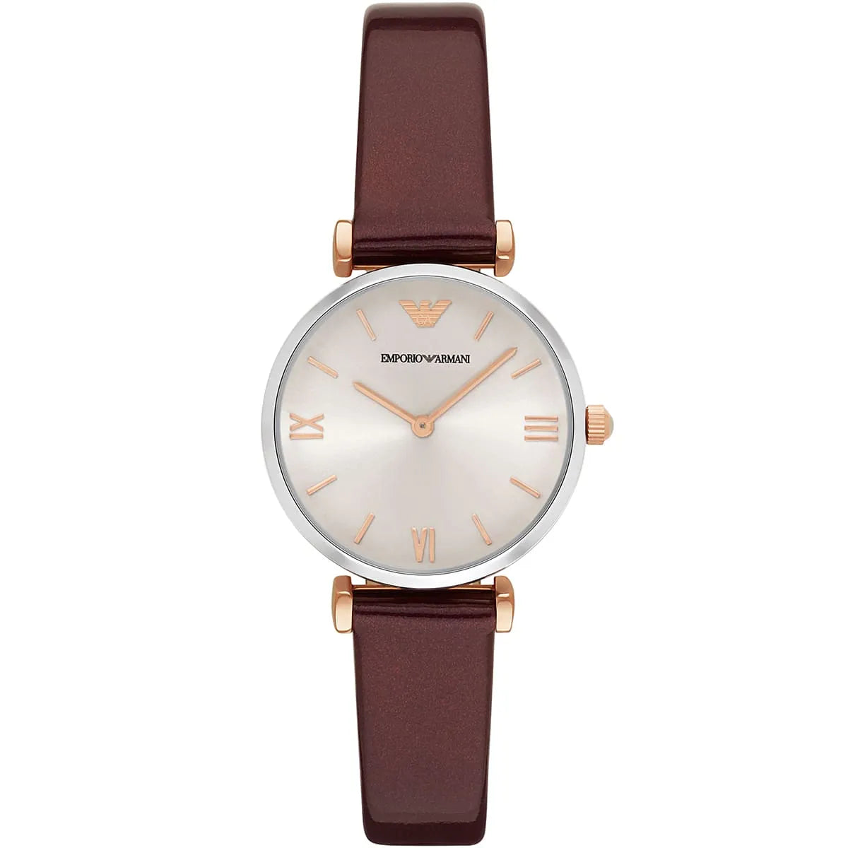Emporio Armani Luigi AR11061 men's watch with silver dial, rose gold accents, and dark brown leather strap