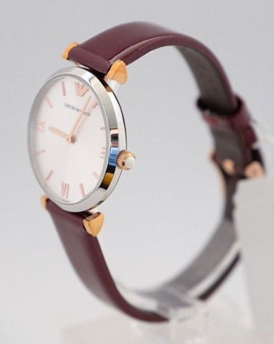 Emporio Armani Luigi AR11061 side view of watch with burgundy leather strap and rose gold lugs