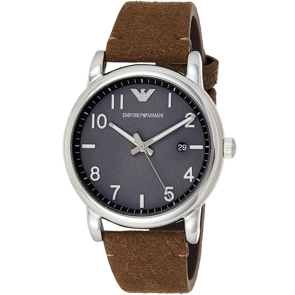 Emporio Armani Luigi watch three-quarter view showing gray dial and brown leather strap