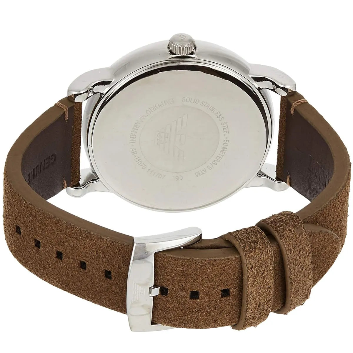 Emporio Armani Luigi watch caseback showing stainless steel with logo engraving