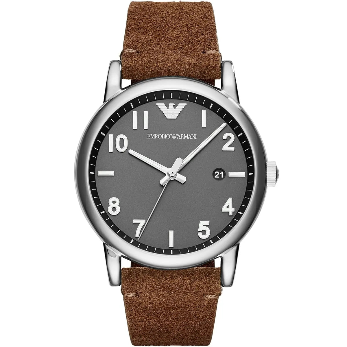 Emporio Armani Luigi watch with gray dial, Arabic numerals, brown leather strap, and stainless steel case
