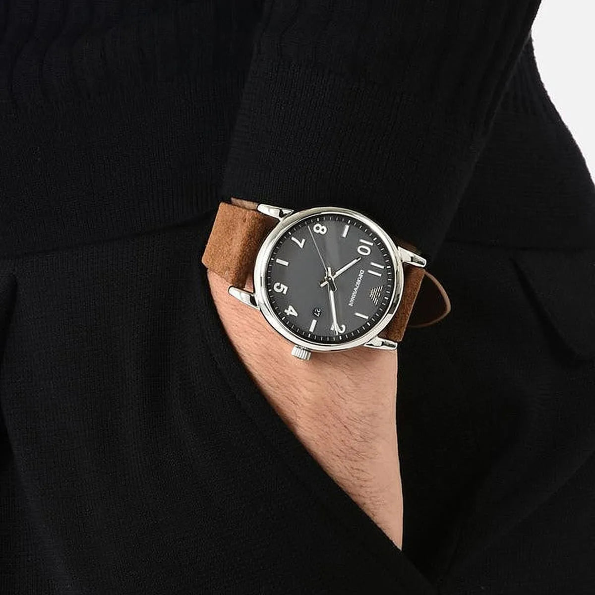 Emporio Armani Luigi watch worn on wrist showing gray dial and brown leather strap