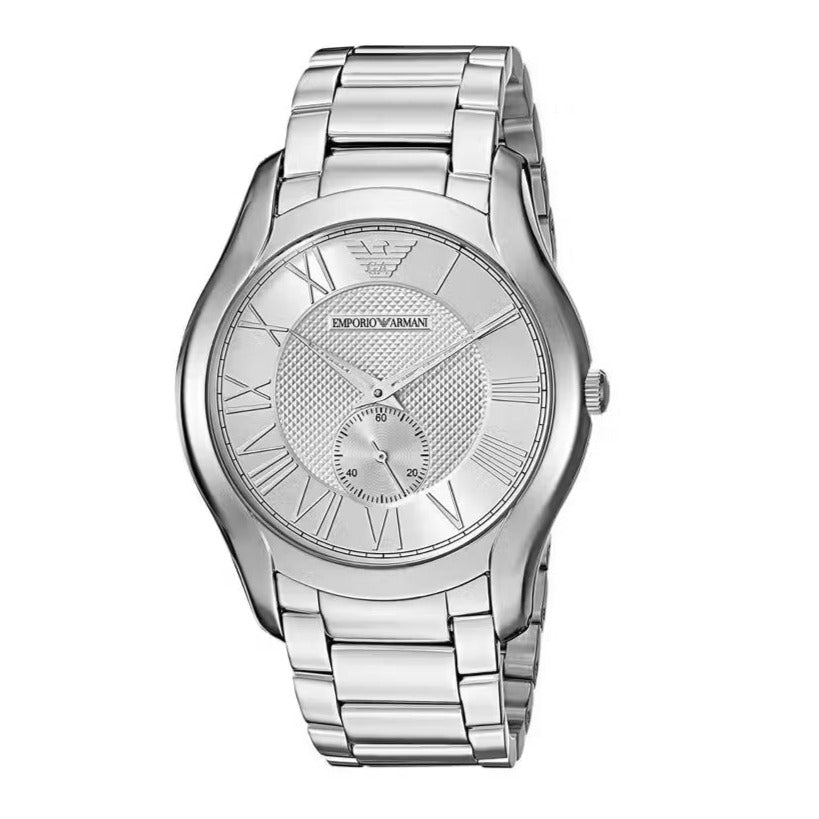 Emporio Armani AR11084 three-quarter view showing silver bracelet and dial detail