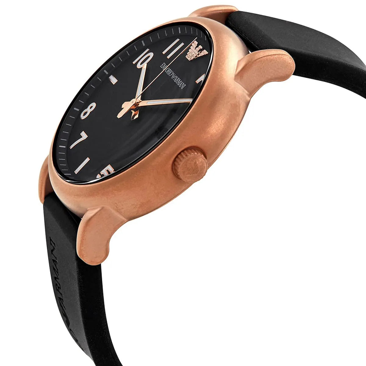 Emporio Armani AR11097 watch displayed at an angle with black rubber strap visible