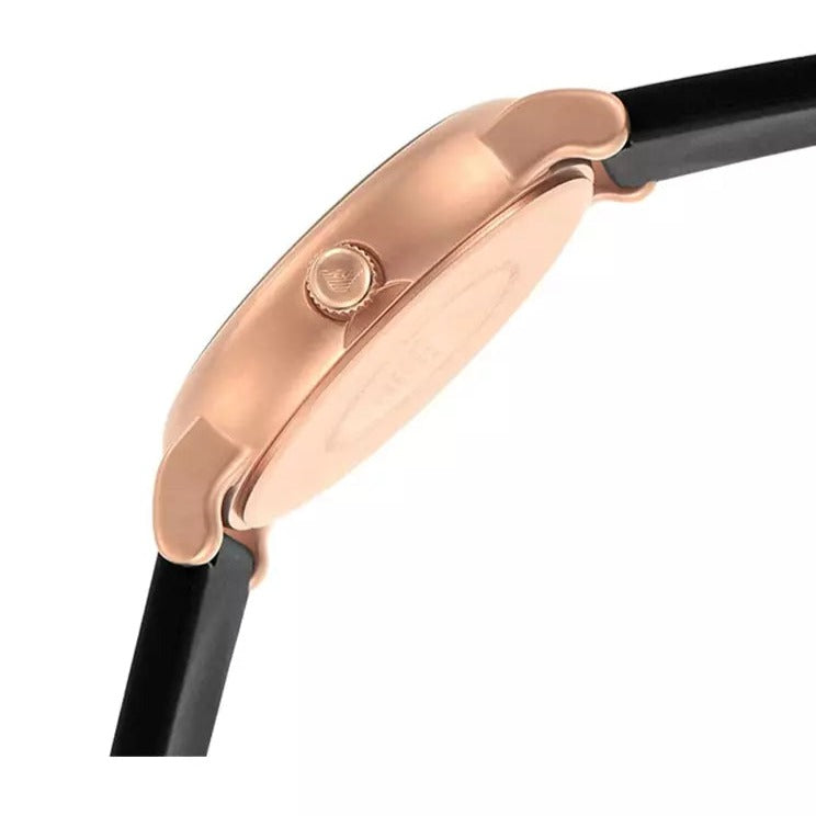 Side view of Emporio Armani AR11097 watch showing rose gold case profile