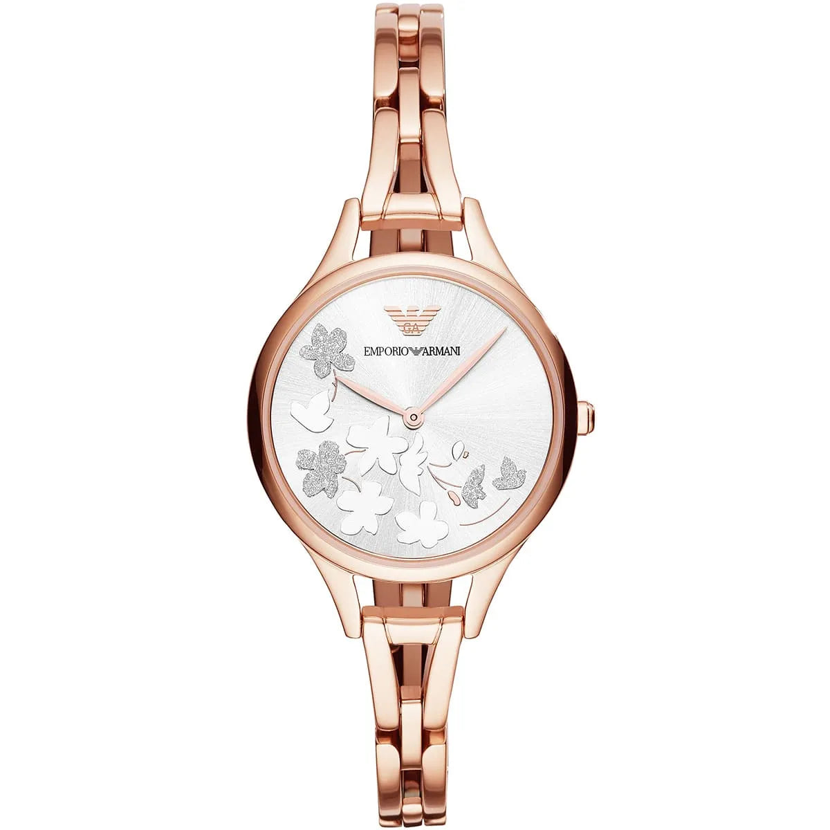 Emporio Armani Aurora women's quartz watch with silver dial, rose gold case and bracelet
