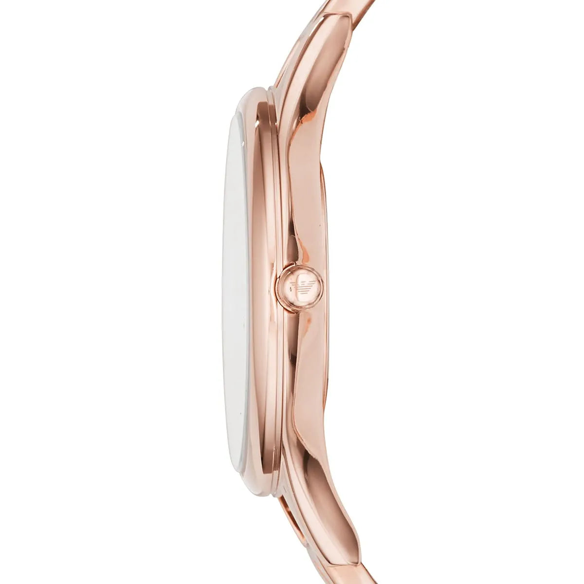Emporio Armani Aurora watch side view displaying rose gold case thickness and bracelet