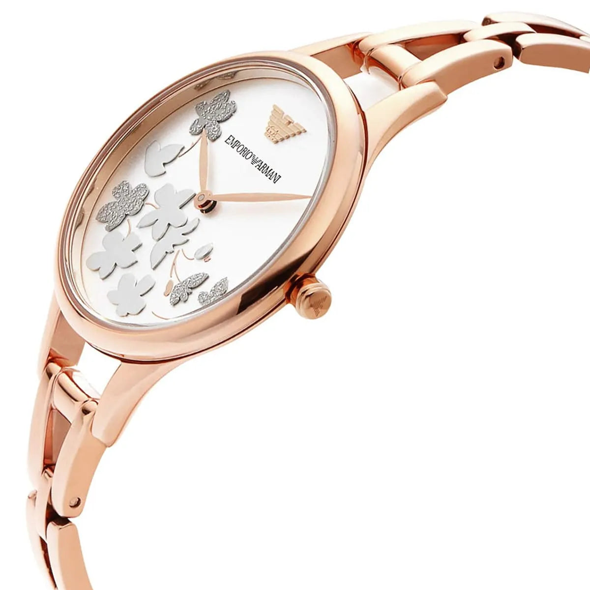 Side profile of Emporio Armani Aurora women's watch showing case and bracelet detail