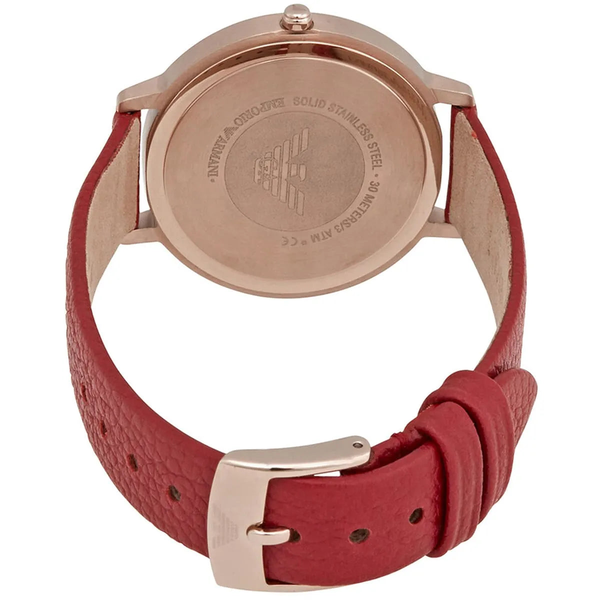 Emporio Armani Kappa AR11114 caseback showing rose gold screw-down case and engraved logo