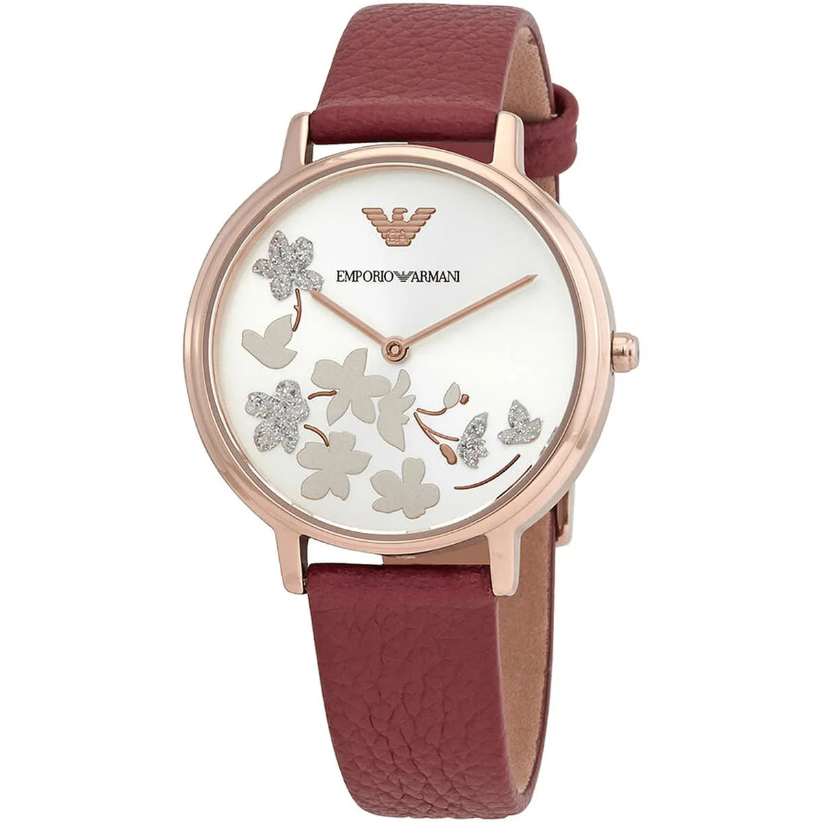 Emporio Armani Kappa AR11114 watch front view with white dial, floral design, rose gold case, red leather strap