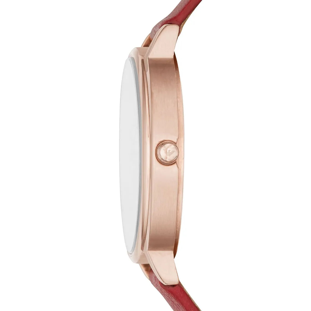 Emporio Armani Kappa AR11114 side profile view displaying rose gold case thickness and red leather strap