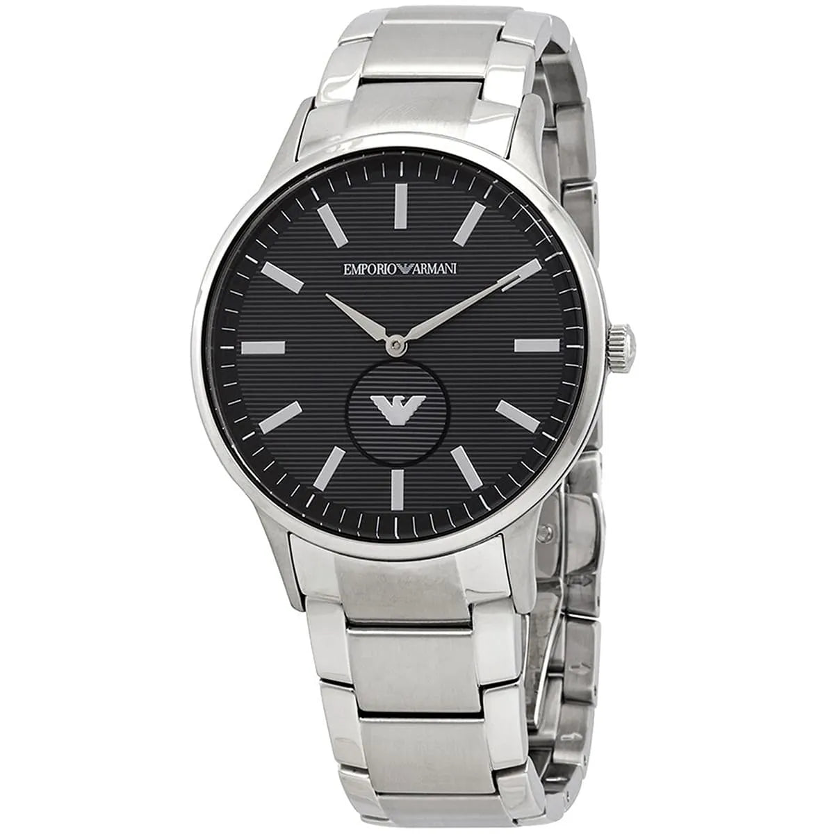Emporio Armani Luigi AR11118 watch with black dial, silver metal strap, and Armani branding