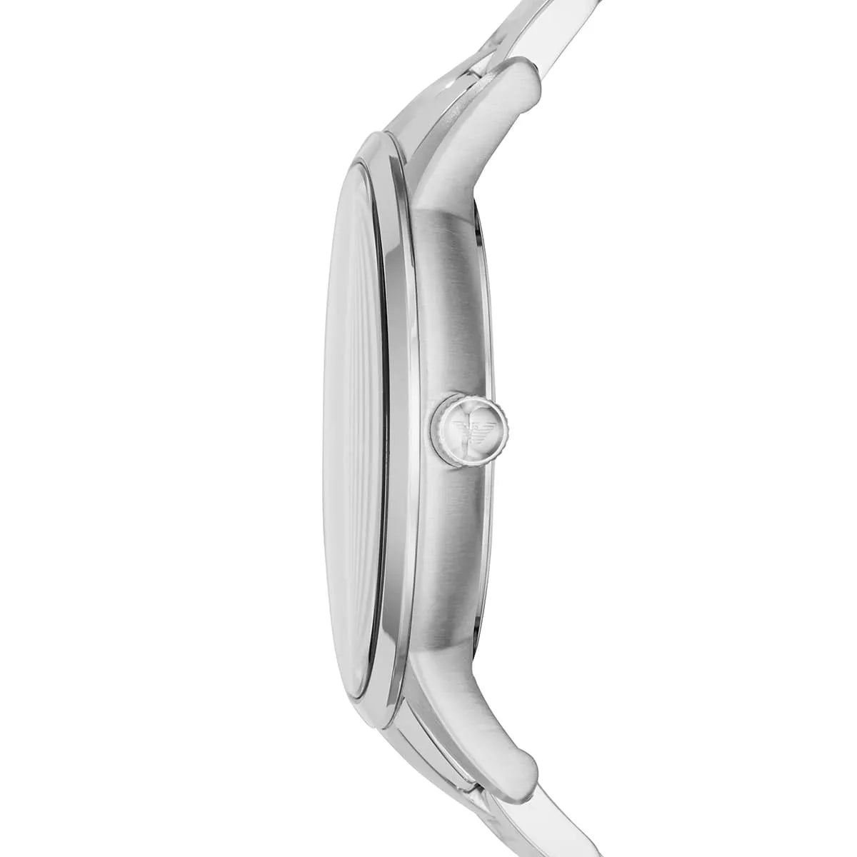 Emporio Armani Luigi AR11118 watch case profile and crown detail in stainless steel