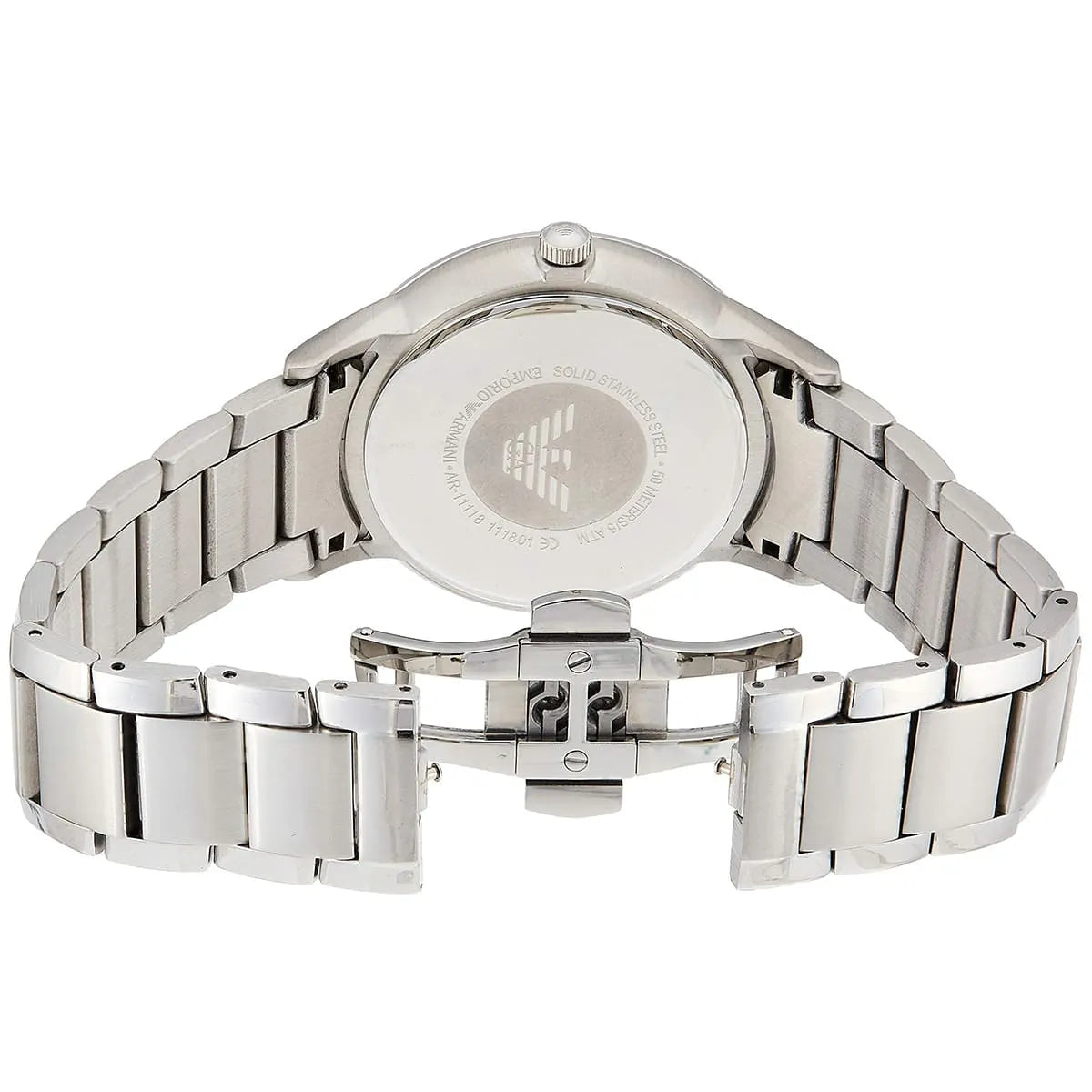 Emporio Armani Luigi AR11118 caseback showing stainless steel with eagle logo and bracelet
