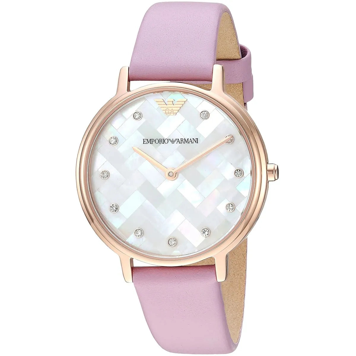 Emporio Armani AR11130 watch angled view showing mother-of-pearl dial and rose gold case
