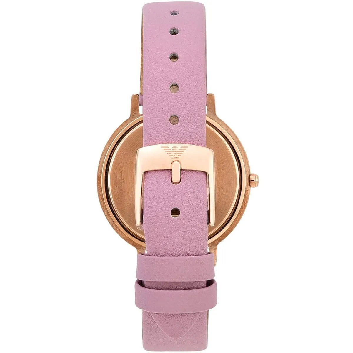 Emporio Armani AR11130 watch back view showing rose gold case with pink leather strap