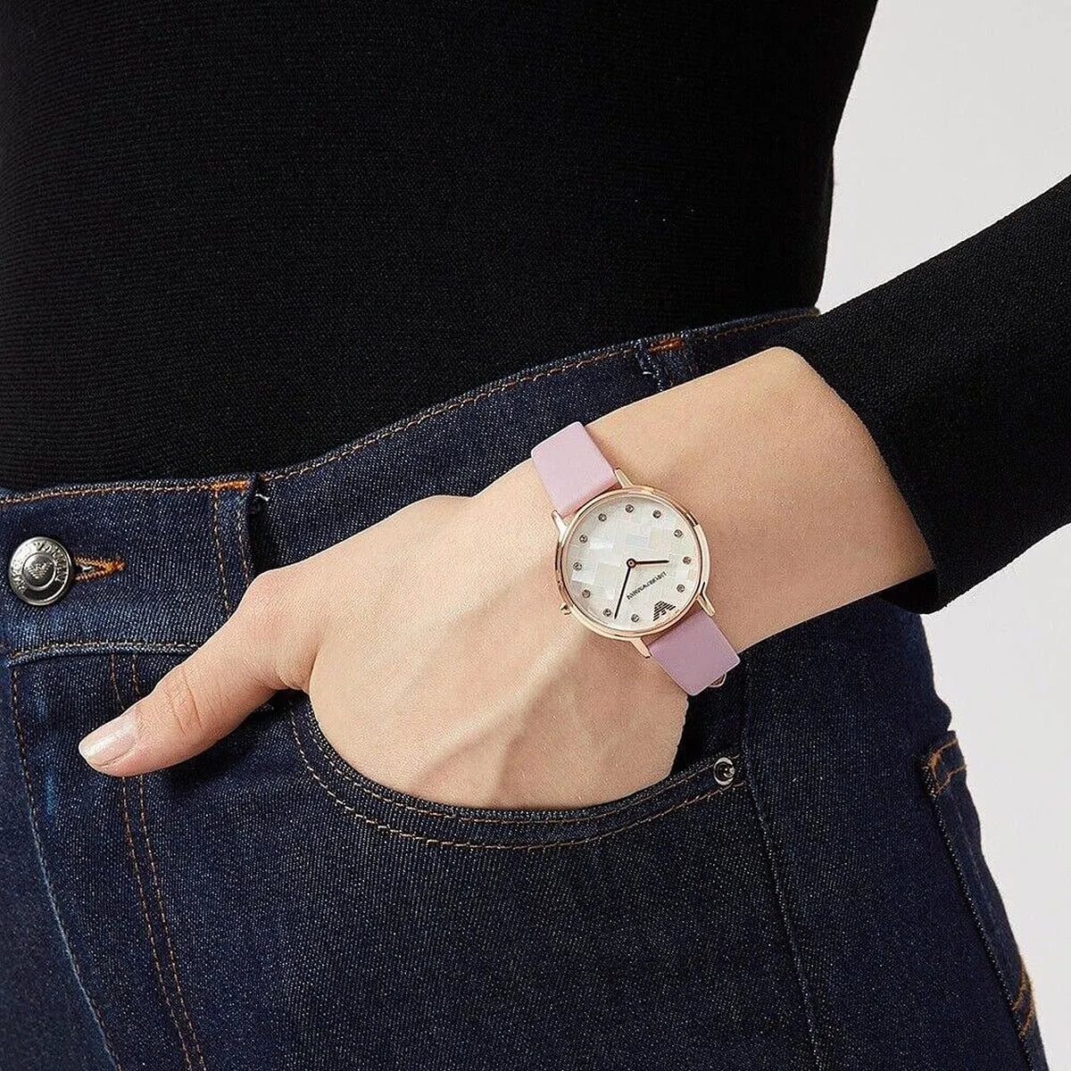 Emporio Armani AR11130 worn on wrist displaying white mother-of-pearl dial