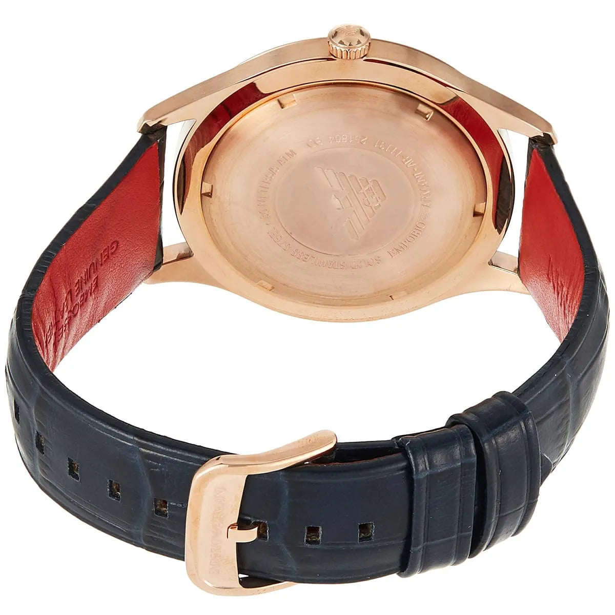Emporio Armani AR11131 caseback showing blue and red leather strap interior