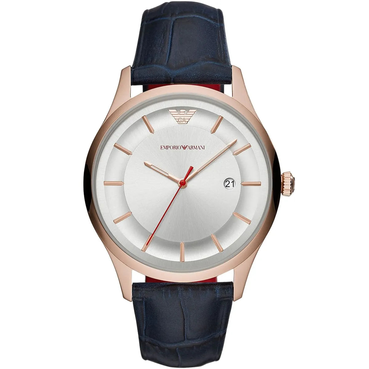 Emporio Armani AR11131 silver dial watch with rose gold case and date display