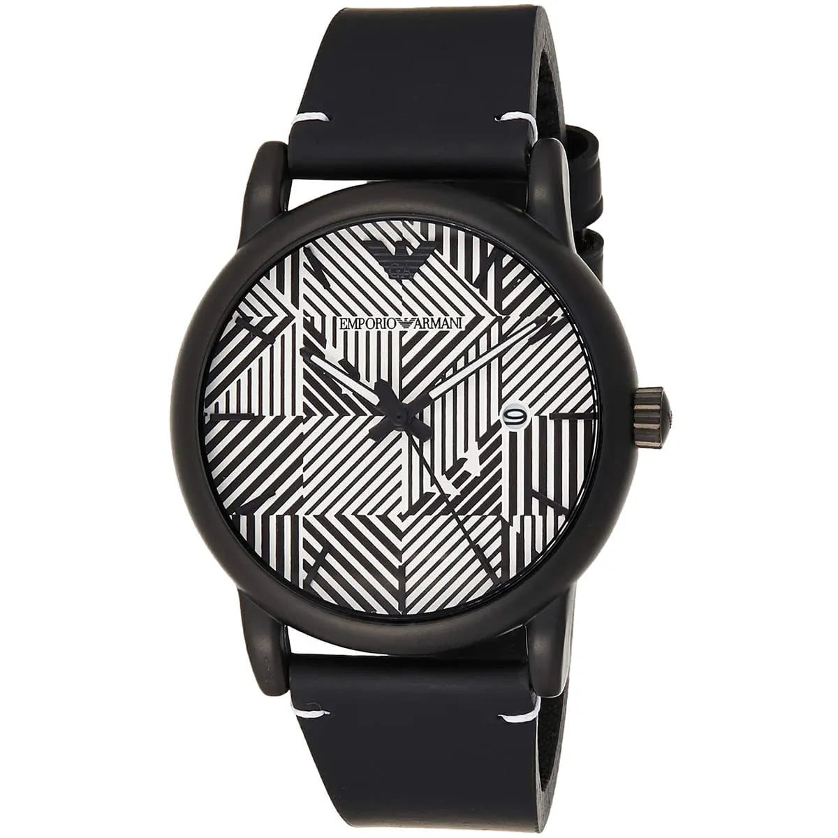 Emporio Armani Luigi Slim AR11136 three-quarter view showing black case and geometric dial