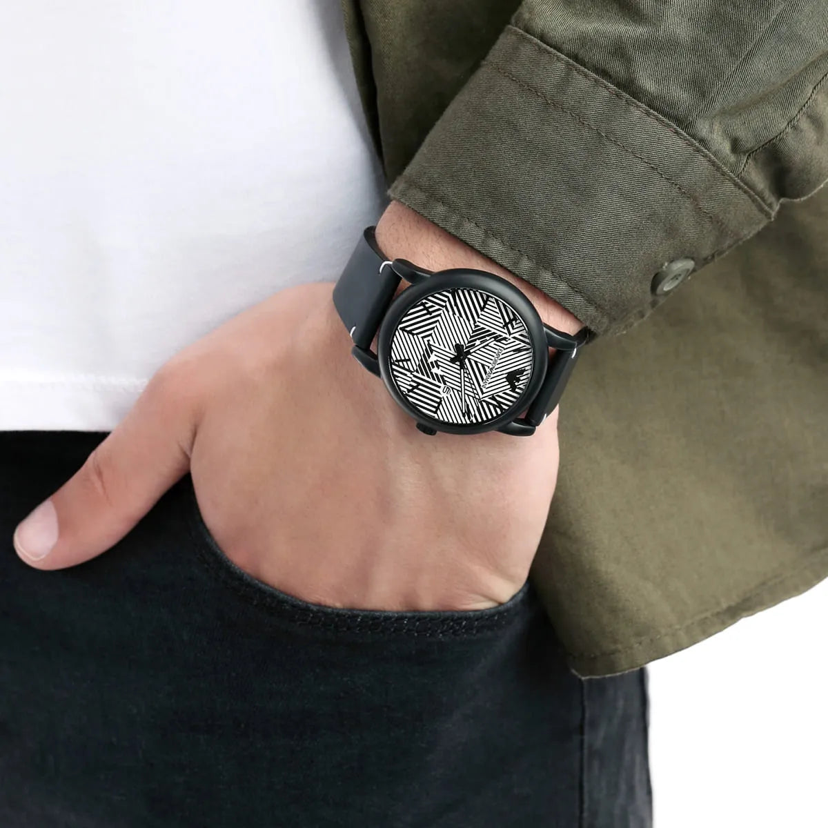Emporio Armani Luigi Slim AR11136 worn on wrist with geometric dial and black leather strap