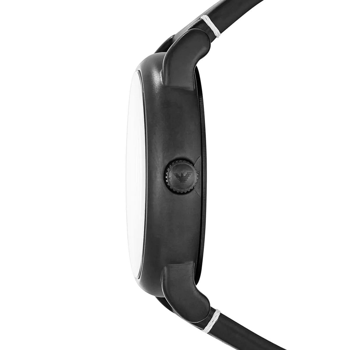 Emporio Armani Luigi Slim AR11136 side profile of black case with leather strap