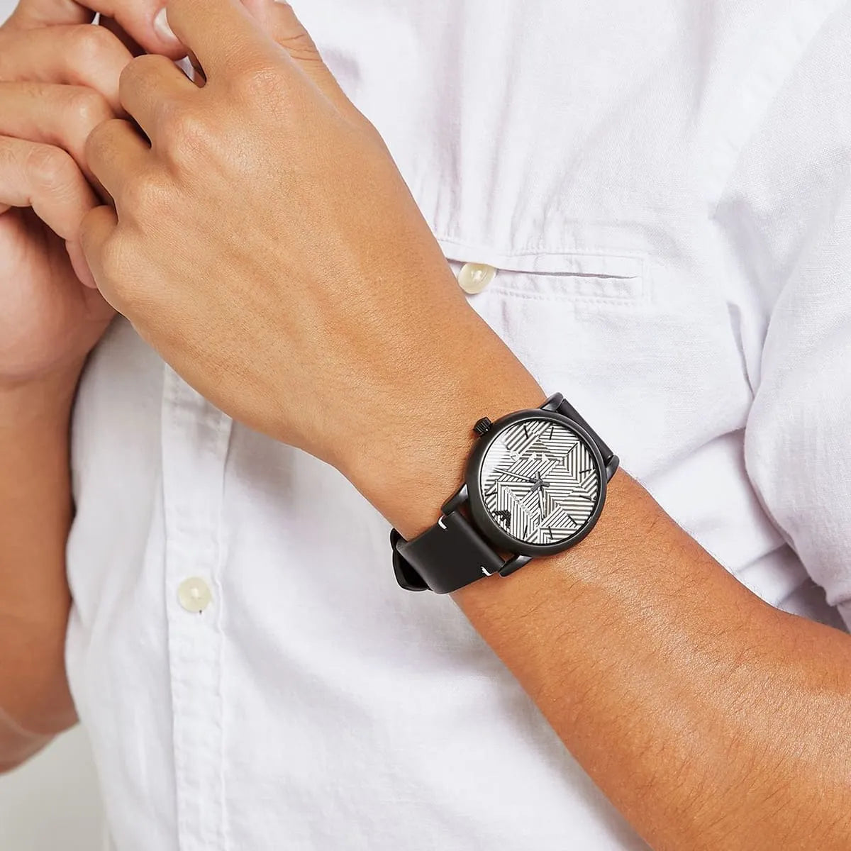 Emporio Armani Luigi Slim AR11136 on wrist showing geometric white dial pattern