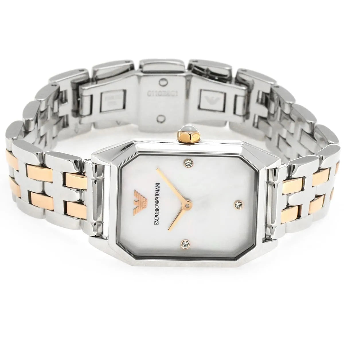 Emporio Armani Giola AR11146 caseback showing stainless steel with rose gold center section