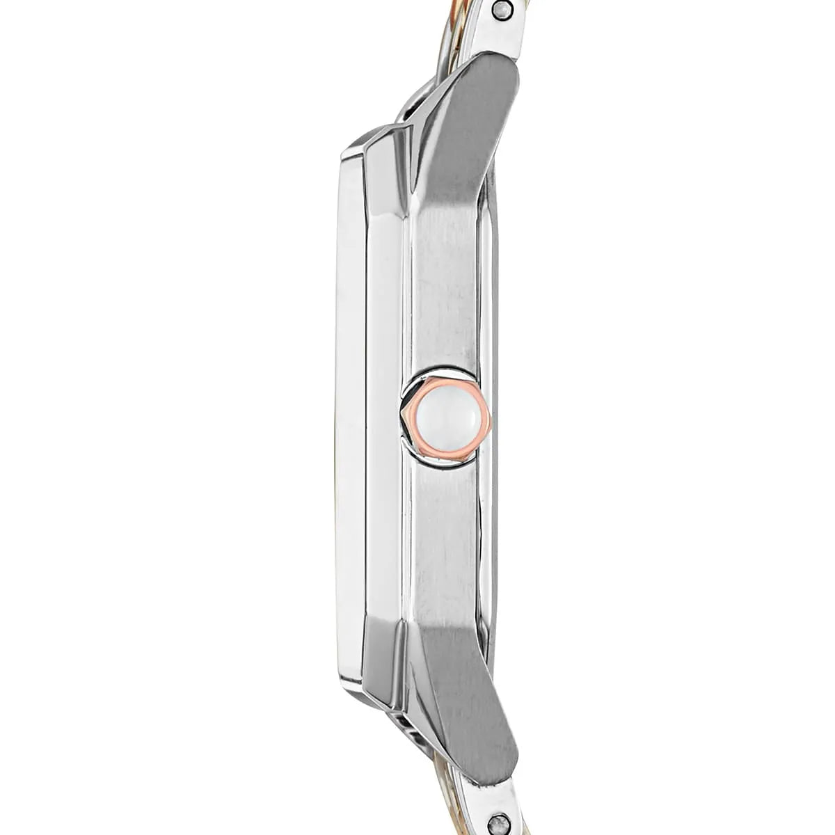 Side view of Emporio Armani Giola AR11146 showing case profile and rose gold crown