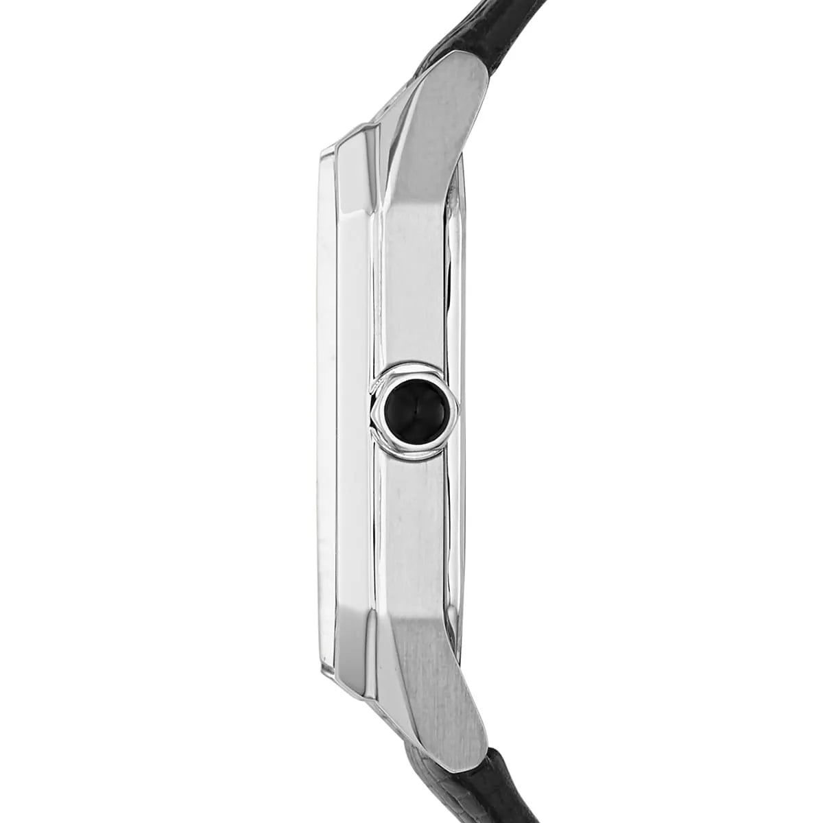Emporio Armani Gioia watch angled side view showing case profile and black leather strap