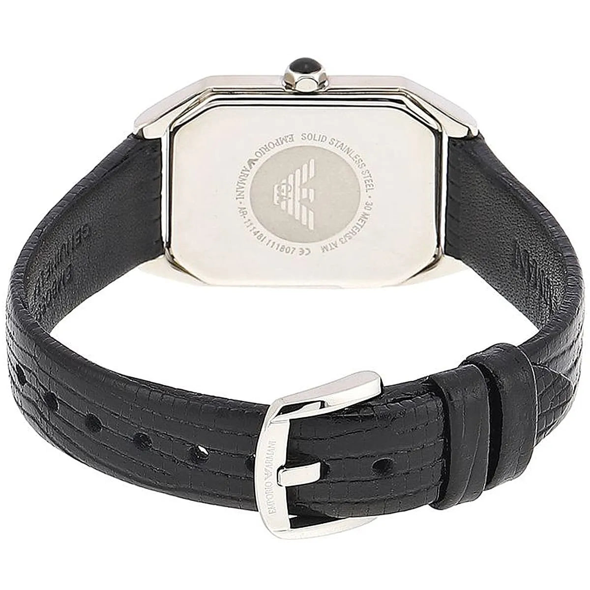 Emporio Armani Gioia watch caseback showing Emporio Armani eagle logo and watch specifications