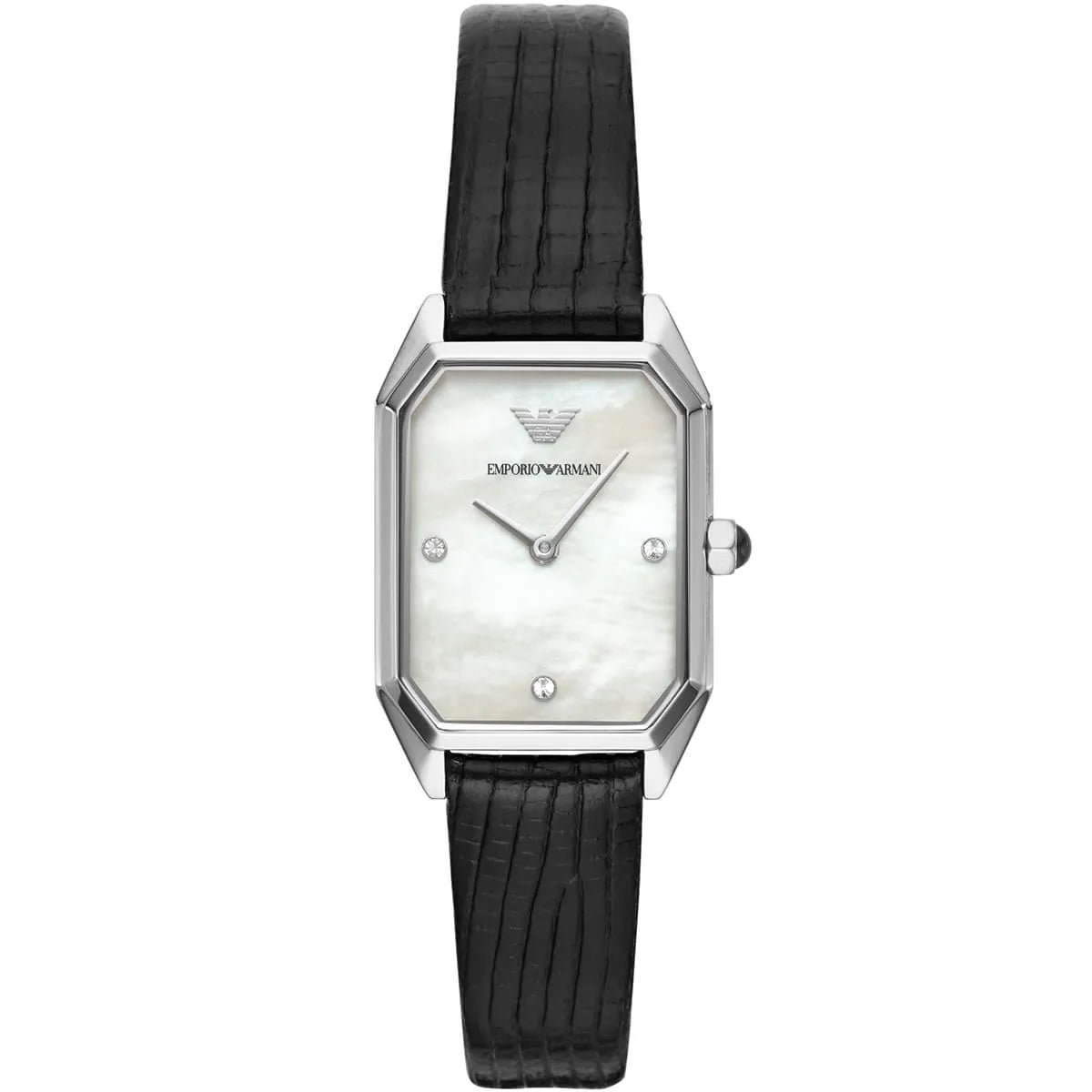 Emporio Armani Gioia watch front view showing mother of pearl dial with hour markers and silver hands