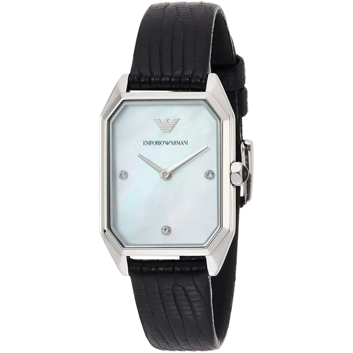 Emporio Armani Gioia square-shaped women's watch with mother of pearl white dial and black leather strap