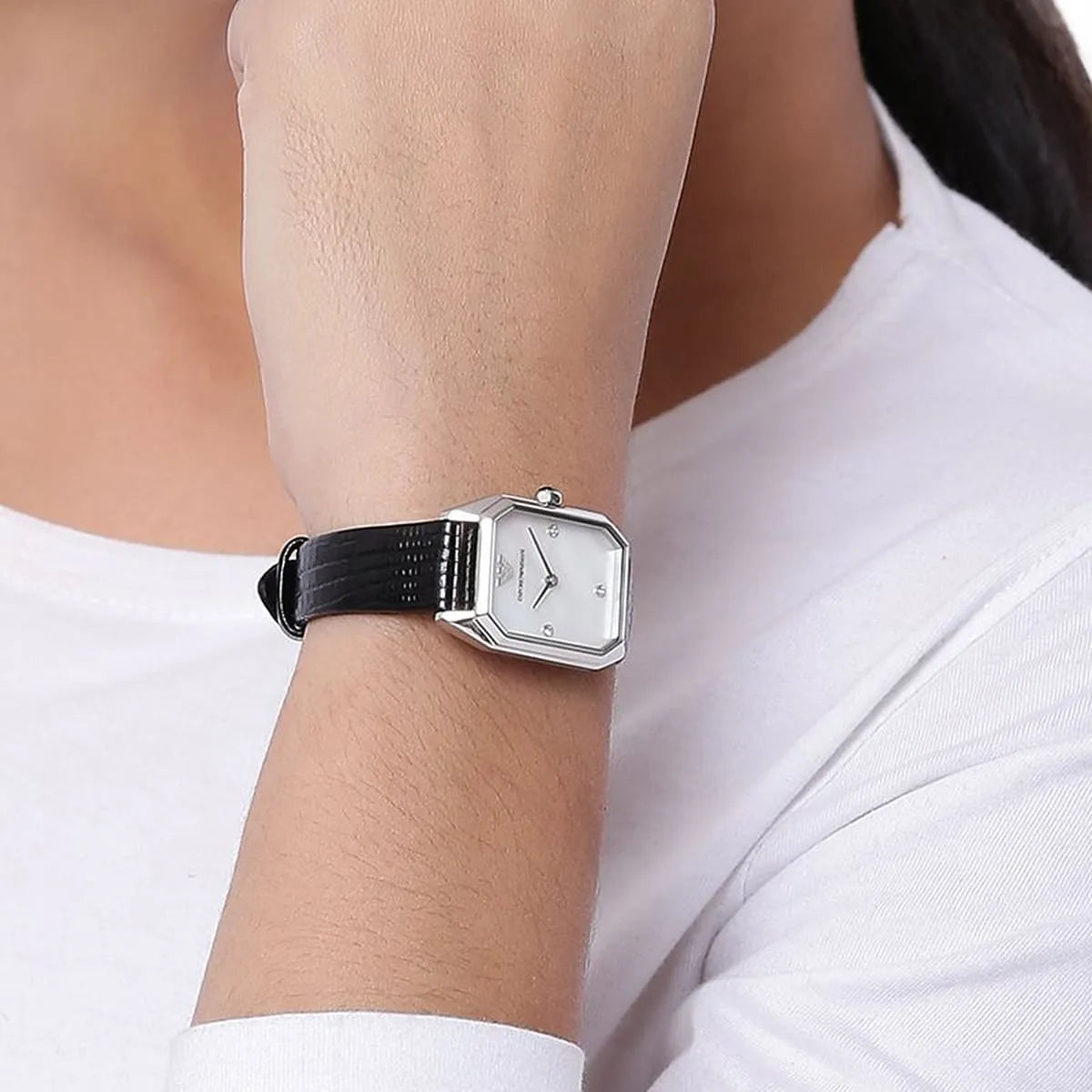 Emporio Armani Gioia watch on wrist showing mother of pearl dial and leather strap detail