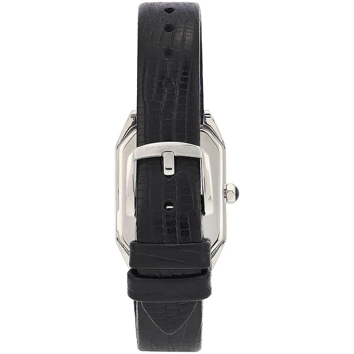Emporio Armani Gioia watch side view showing stainless steel case and black leather strap