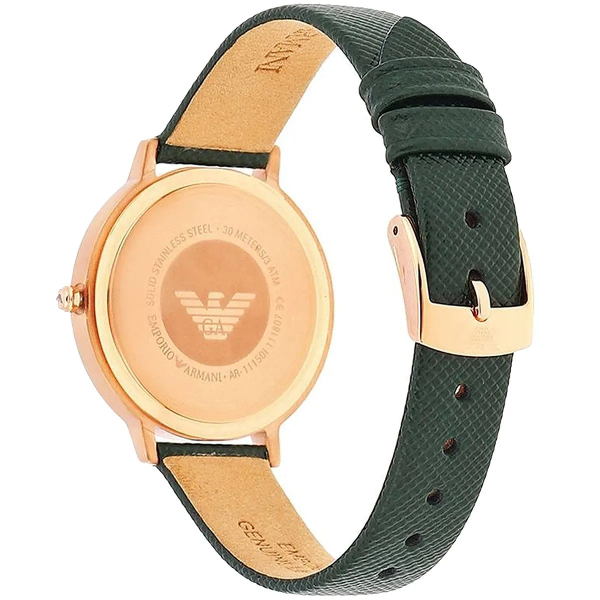 Emporio Armani Kappa AR11150 side view showing rose gold case thickness and green leather strap