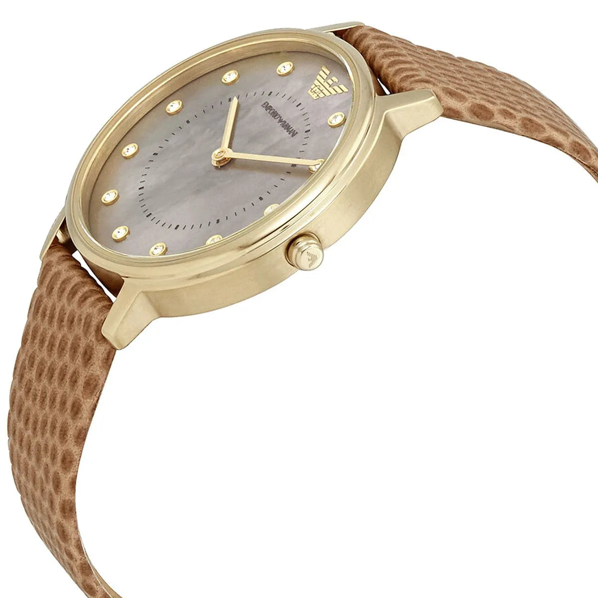 Side angle view of Emporio Armani Kappa watch showing gold case and leather strap