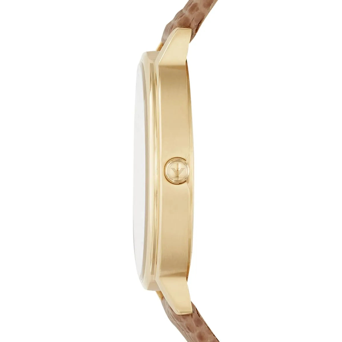 Side profile of Emporio Armani Kappa watch with gold-tone case and brown leather strap
