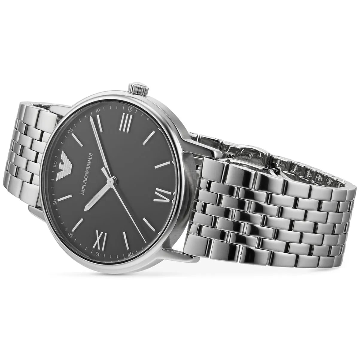Emporio Armani Kappa AR11152 angled display showing black dial face and silver bracelet