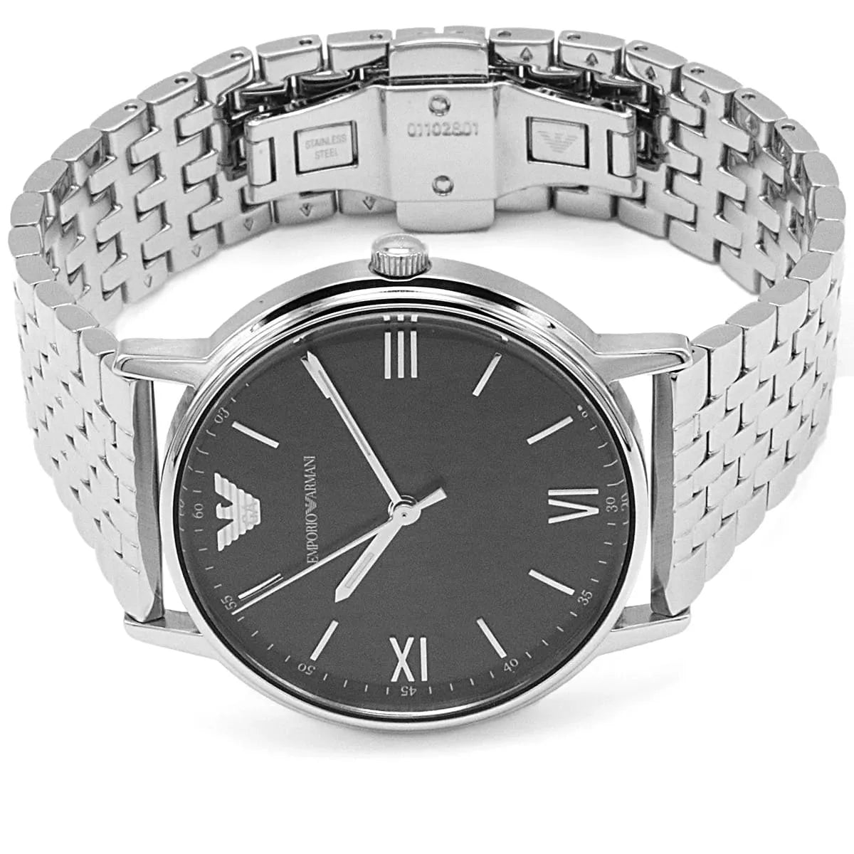 Emporio Armani Kappa AR11152 three-quarter view with silver stainless steel bracelet and black dial