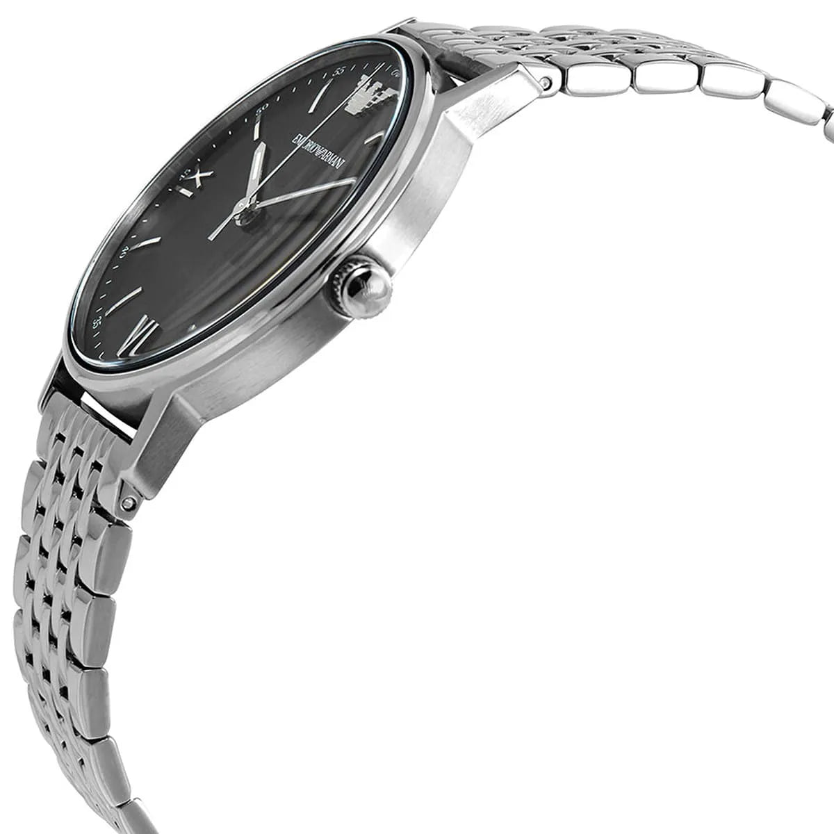 Emporio Armani Kappa AR11152 side profile view with black dial and silver metal bracelet