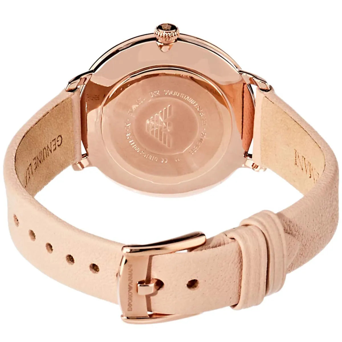 Emporio Armani AR11160 watch from above showing caseback with buckle and pink leather strap