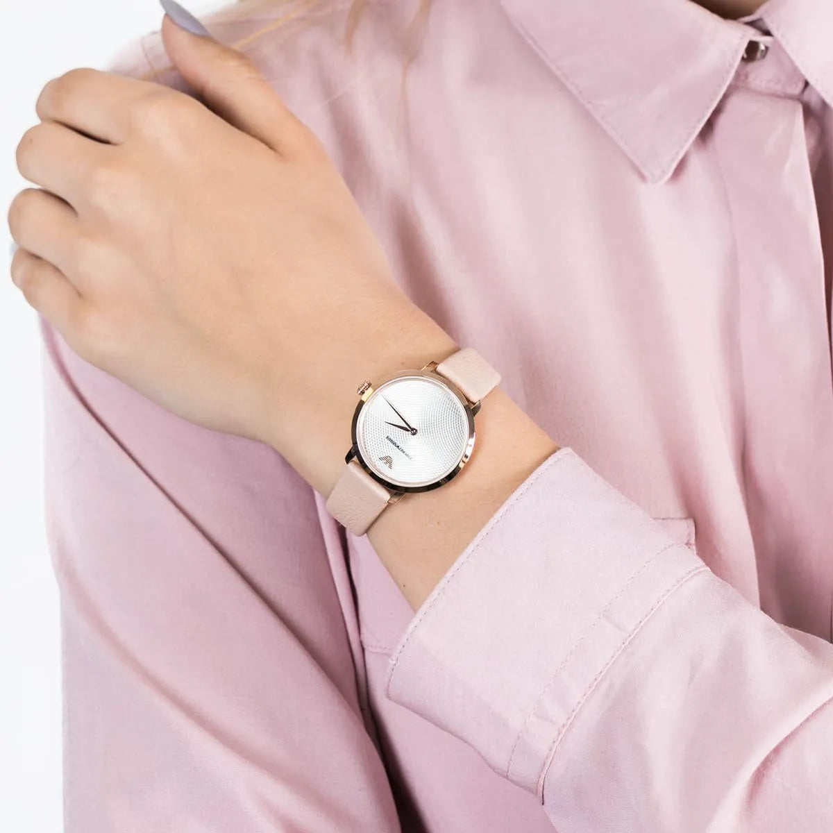 Emporio Armani AR11160 slim watch worn on wrist with pink leather strap